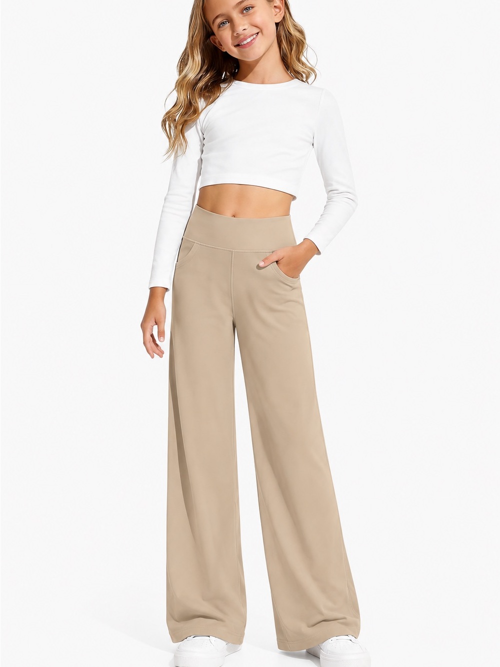 G4free High Waist Wide Leg Pull-On Yoga Pants Lounge Leggings in Tan